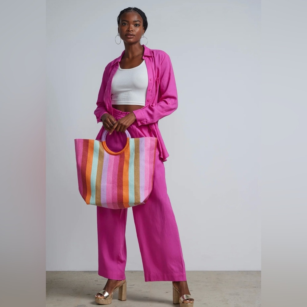Linen-Blend Oversized Button-Front Shirt & Wide Leg Pant Set